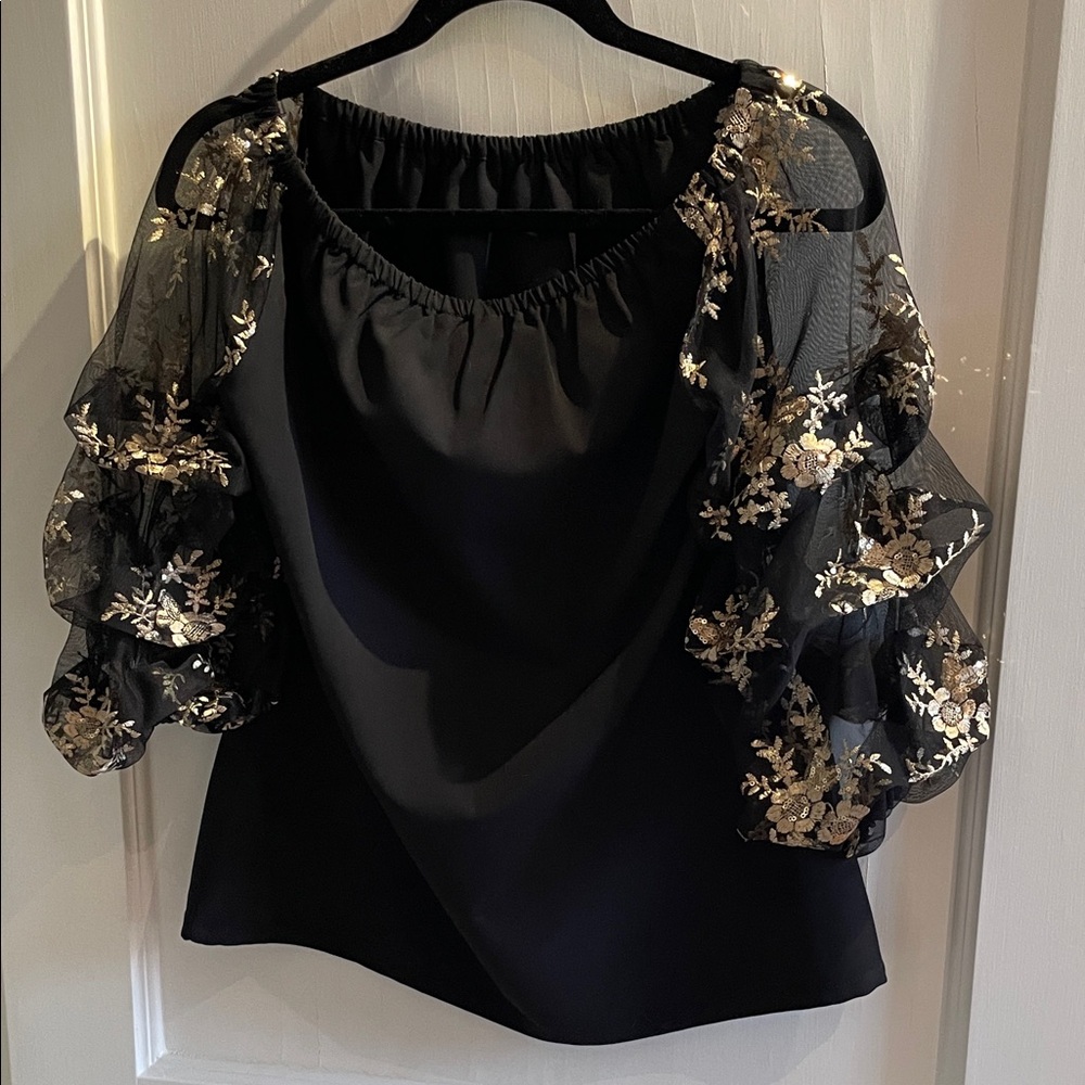 MSK Black Blouse with Gold Floral Accents